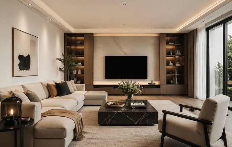 Modern luxury living room featuring a cream sectional sofa, marble coffee table, and built-in entertainment center with a