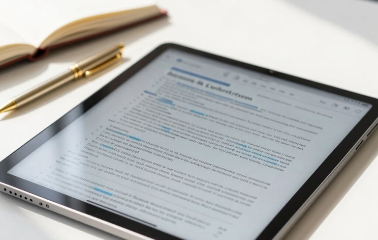 Close-up of a clean study desk with a tablet displaying a highlighted PDF law summary, an open notebook, and a gold pen under bright natural morning light, 35mm photography