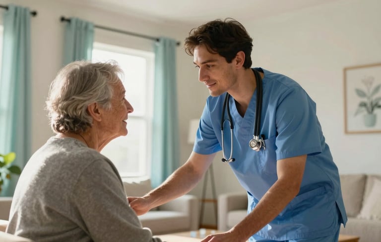 A professional health worker and an older adult sharing a warm moment in a sunlit North American / US home. The room features off-white walls and pale aqua accents, with soft morning light creating an atmosphere of professional warmth and empathy.