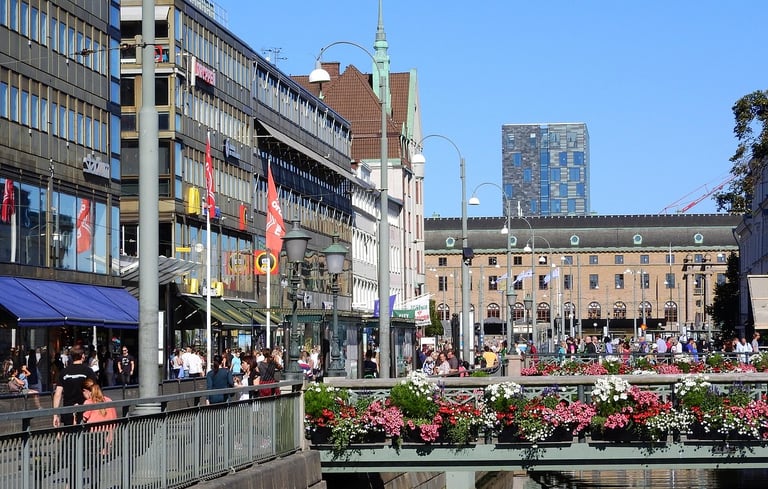 A busy city street in Sweden