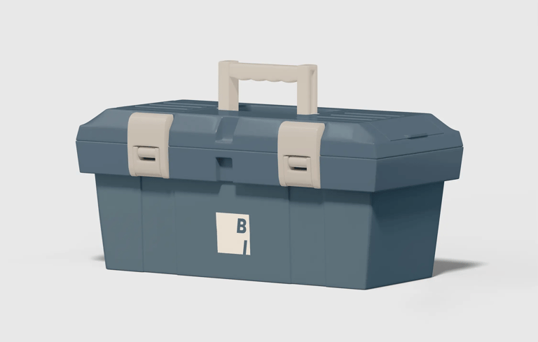 Caja de herramientas personalizada con el identificador visual de Bárzaga Interiors