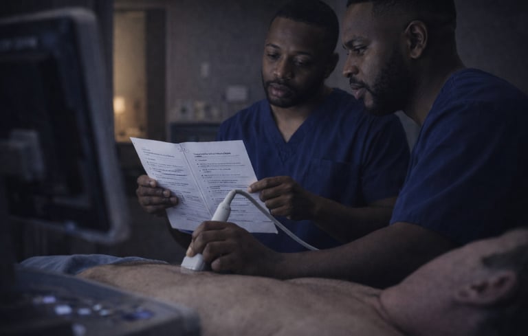 Two sonographers consulting a protocol list during an abdominal ultrasound exam.