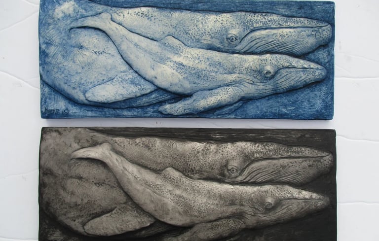 two paintings of whales and a whale and a whale