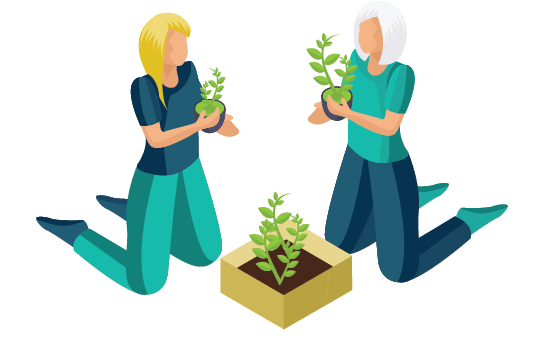 Two women kneeling and holding potted plants while gardening together.