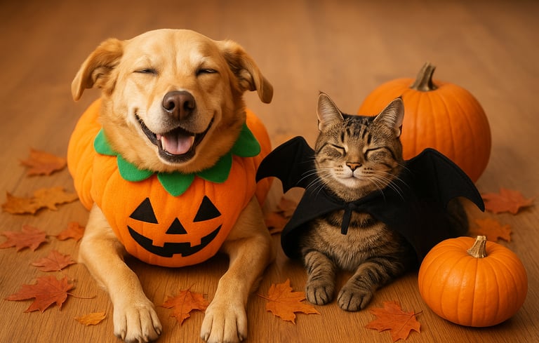 Dog and cat in safe Halloween costumes at home in Burlington.