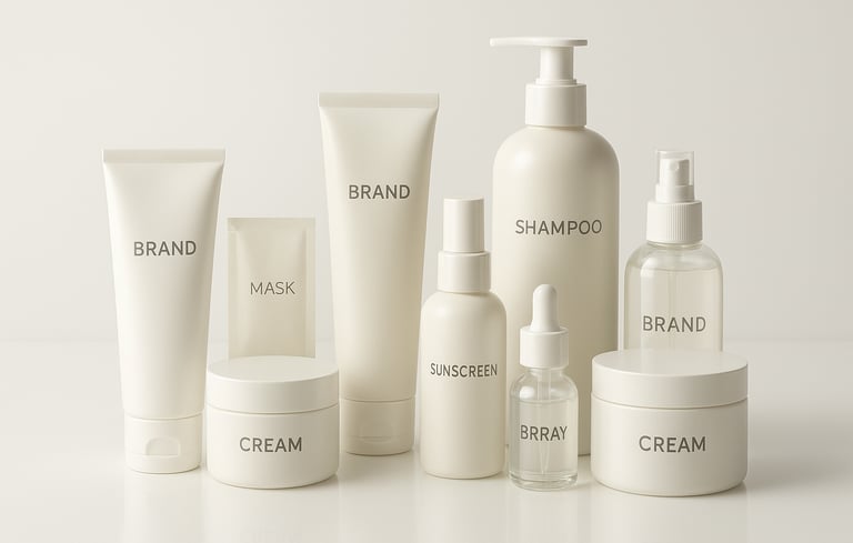 a group of cosmetic products including cream, cream, and cream