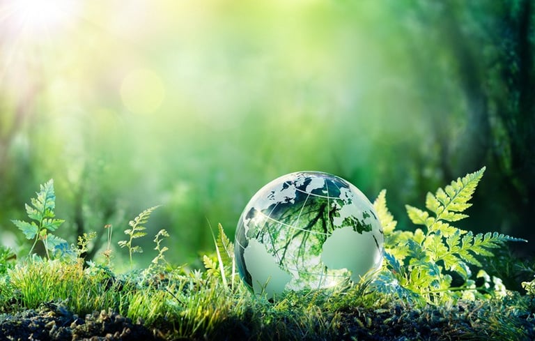 a globe globe in the grass with a green background