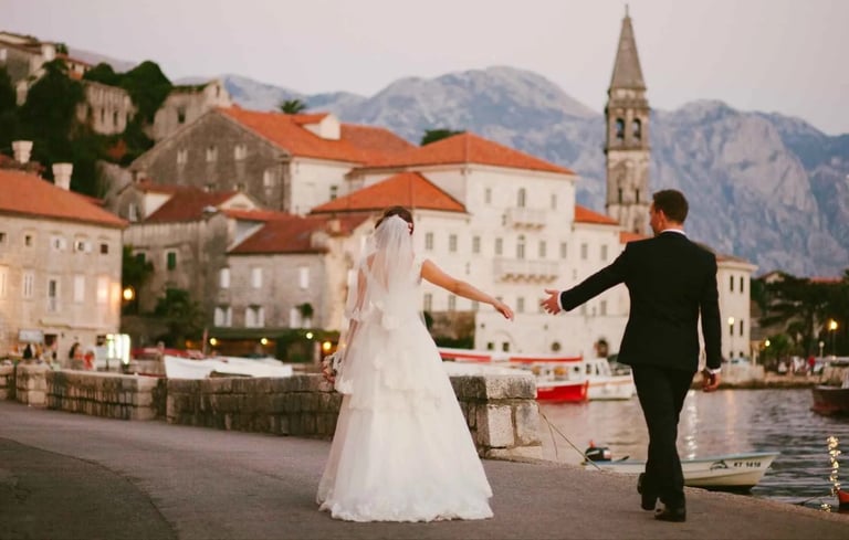 bride and groom walking in scenic Europe destination wedding