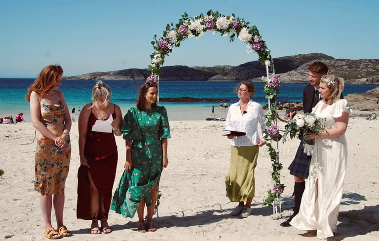 a group of people standing on a beach for a wedding
