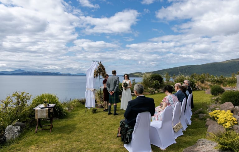 a wedding ceremony on the coast with a view of the water
