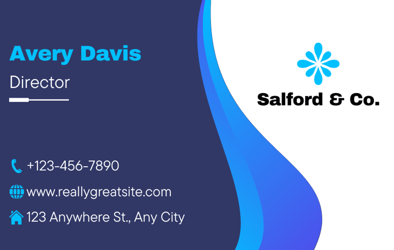 a business card with a blue and white business card