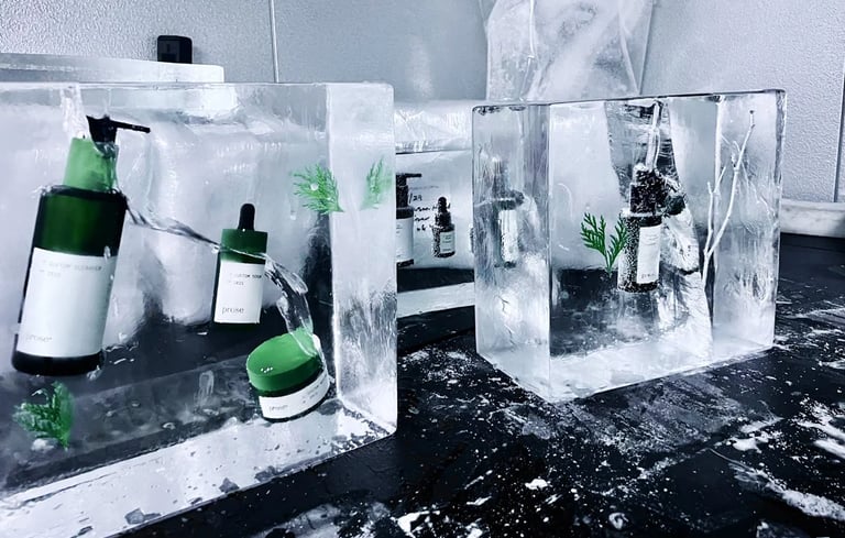 Skincare products, including a green serum bottle and jar, frozen inside clear ice blocks, with white flakes on a dark