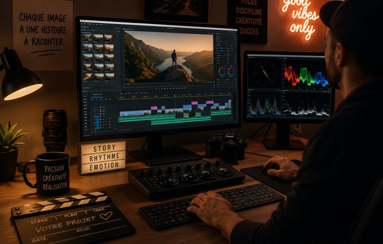 Un homme assis a sont bureau en train de faire du montage vidéos