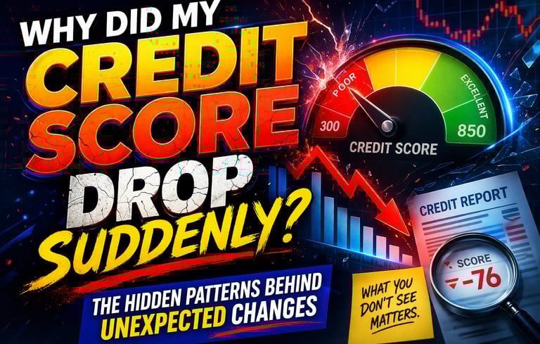 Colorful dynamic graphic showing a sharp drop in credit score with downward arrow, credit gauge, and