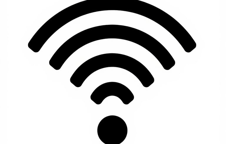 Black and white minimalist Wi-Fi signal icon representing wireless internet connectivity.