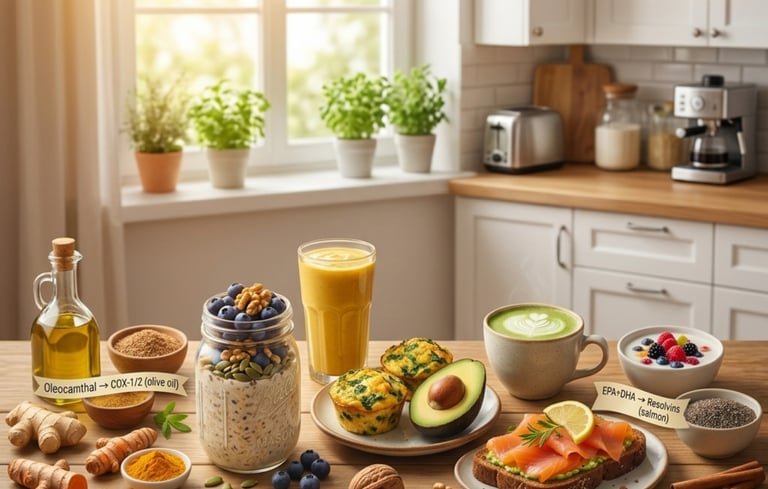 Healthy anti-inflammatory breakfast spread with overnight oats, salmon toast, avocado, and turmeric on a kitchen table.