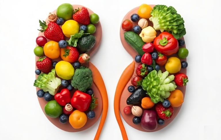 Fresh fruits and vegetables arranged in the shape of human kidneys to represent a healthy renal diet.