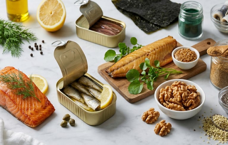 Canned sardines, salmon, smoked fish, and walnuts highlighting various healthy sources of omega-3 fatty acids.