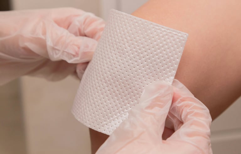 Gloved hands applying a white sterile adhesive wound dressing patch to a patient's leg for injury care.