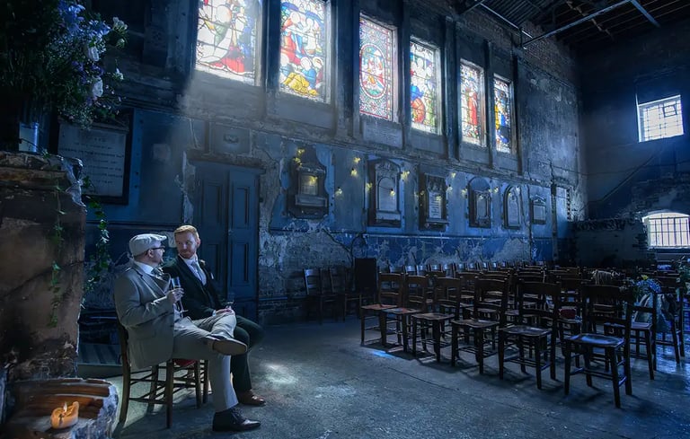 same-sex couple taking a moment to relax after their wedding at The Asylum Chapel Peckham