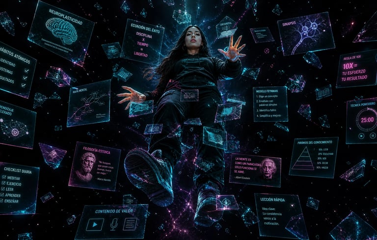 Woman surrounded by holographic screens displaying neuroplasticity, mental models, and personal growth data.