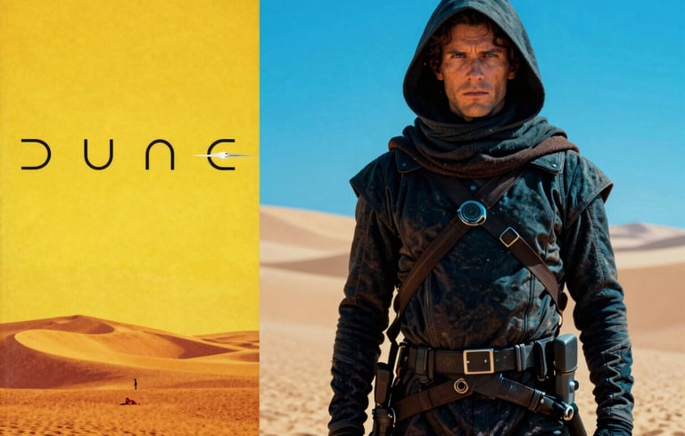 High-contrast split-screen composition, on the left a vintage yellow paperback cover of Dune, on the right a highly saturated blue-gel lit film still of a desert warrior, bold pop-art style.