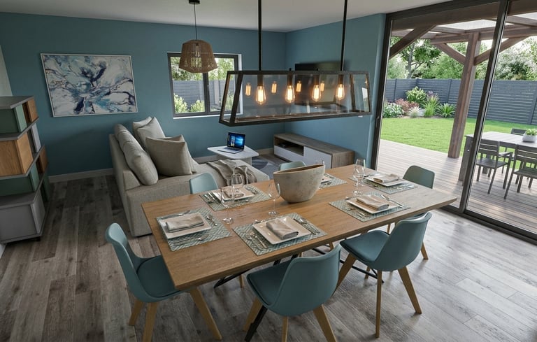 Salon et salle à manger modernes à aire ouverte avec murs turquoise et portes coulissantes