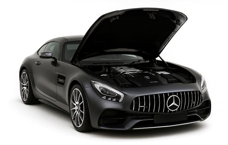 a black mercedes benz open hood