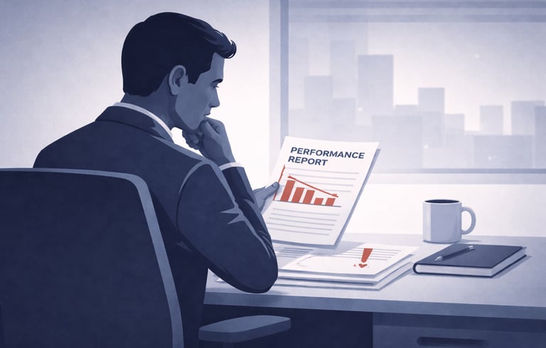 a leader reviewing a declining performance report, pausing in thought as standards begin to slip unnoticed.