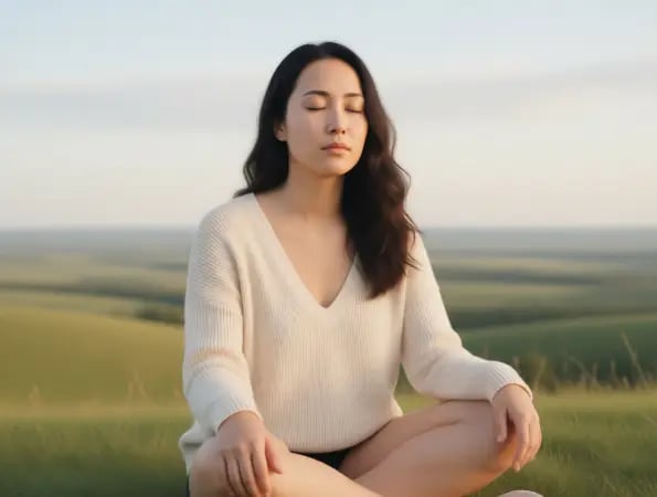 une femme dans une prairie qui ferme les yeux en méditant