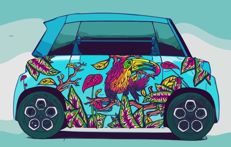 a car with a colorful bird on it