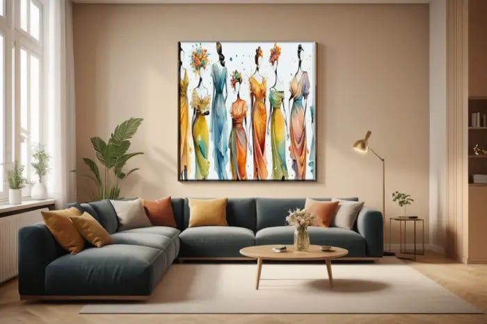 a living room with a couch and a painting