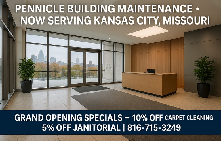 Pennicle Building Maintenance Kansas City office grand opening announcement with professional building exterior imagery