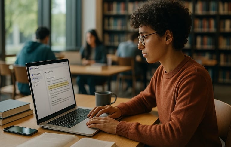 Student using NotebookLM AI on a laptop to analyze lecture notes and create study guides