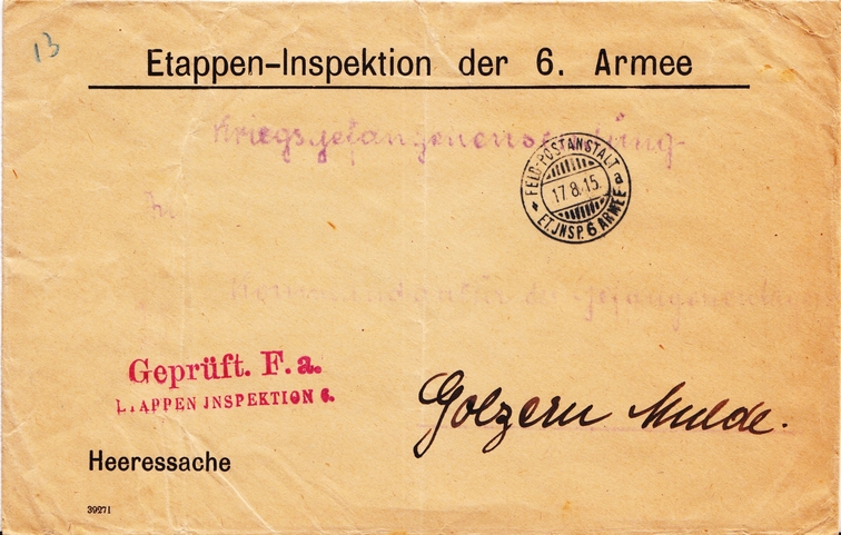 Kriegsgefangenensendung Geprüft F.a. ETAPPEN JNSPEKTION 6.