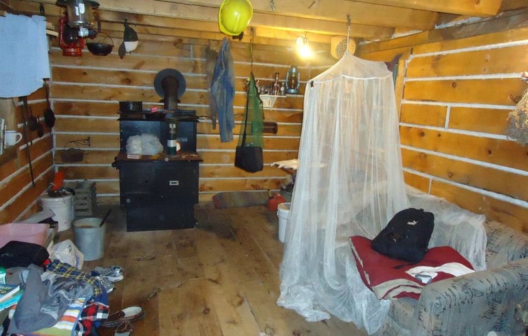 the inside of a log cabin with a wood stove, bed and various supplies