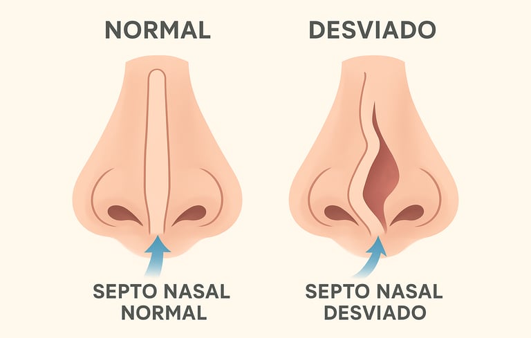 Ilustração médica comparando um septo nasal normal com um septo nasal desviado.