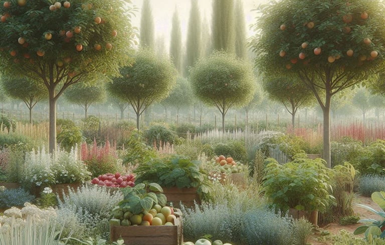 fruit trees and various shrubs and herbs 