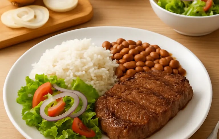 Bife grelhado servido com arroz branco, feijão marrom e salada fresca da horta em um prato branco.