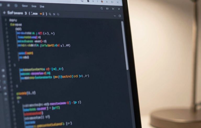 A clean browser mockup of a live software project showing structured code lines, soft desk lamp light, deep slate and warm cream tones, macro lens, 35mm