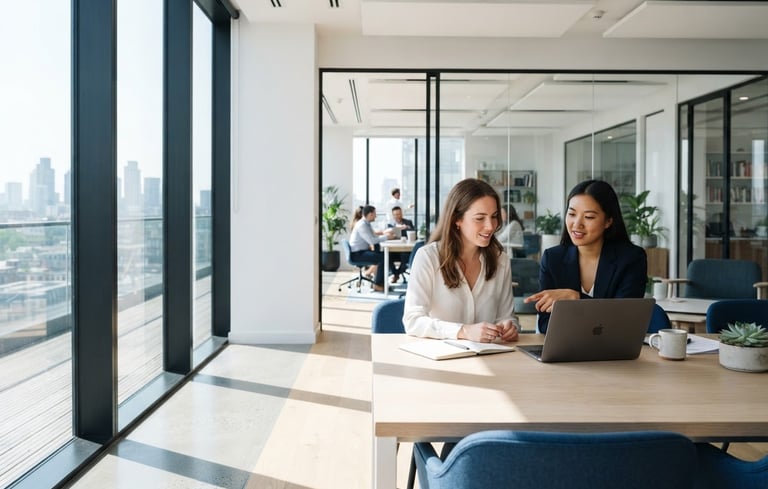 Bright high-key editorial photography of a clean modern workplace, architectural glass shadows, sharp focus, 35mm