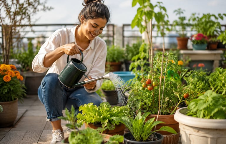 Beginner gardener watering healthy vegetable and flower plants in a sunny home garden