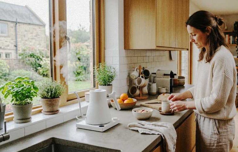 Woman in a cozy kitchen making tea while lightly tidying the counter during a simple daily routine