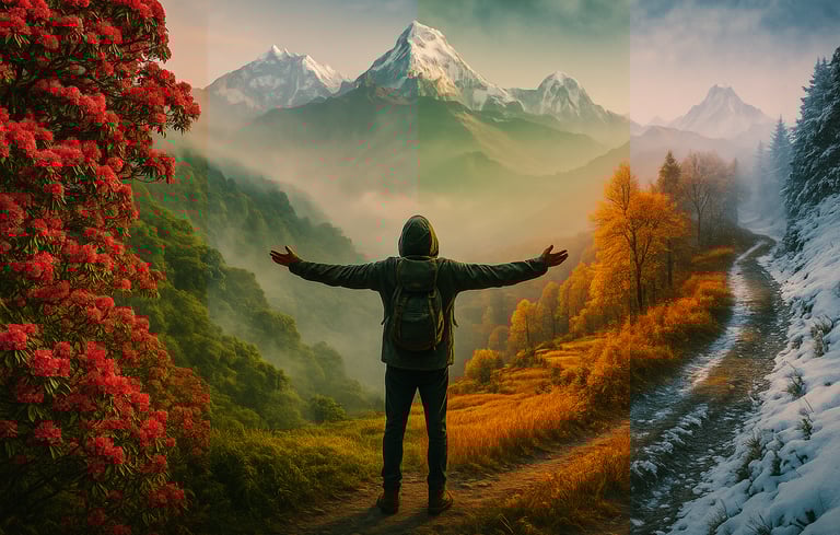 ymbolic image of all four trekking seasons in Nepal blended in one landscape.