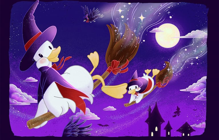 Duck witches flying on magic broomsticks over a purple night sky with a full moon.