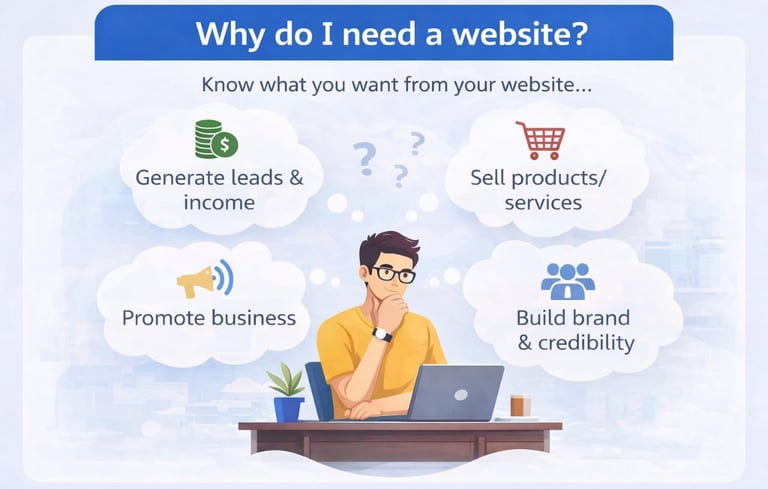 Business owner in Bhopal thinking about why they need a website, illustrating goals like generating
