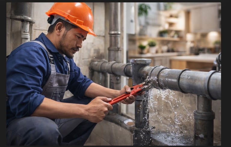 teknisi memperbaiki pipa bocor rumah di bandung