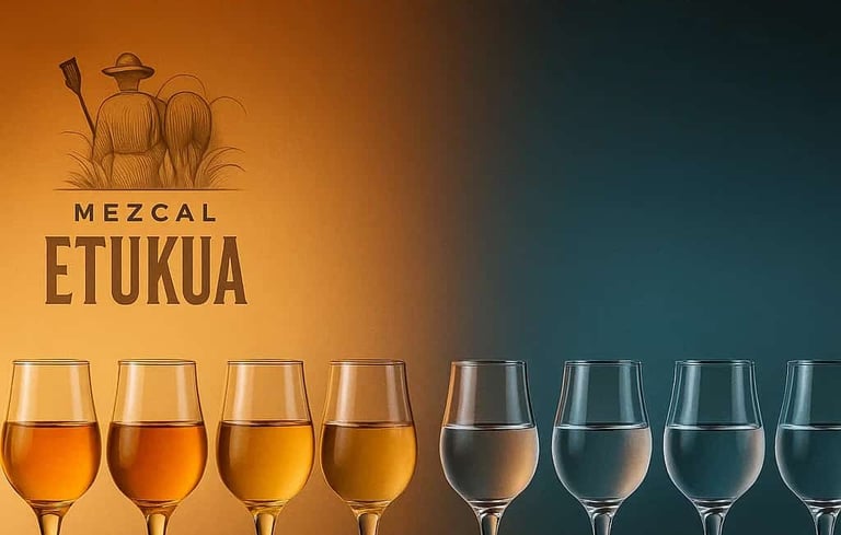 Comparación visual entre la diversidad de colores y sabores del mezcal artesanal y la uniformidad de