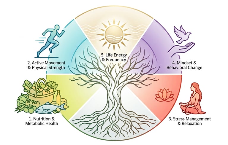 A holistic health wheel showing five pillars of wellness around a tree of life symbol.