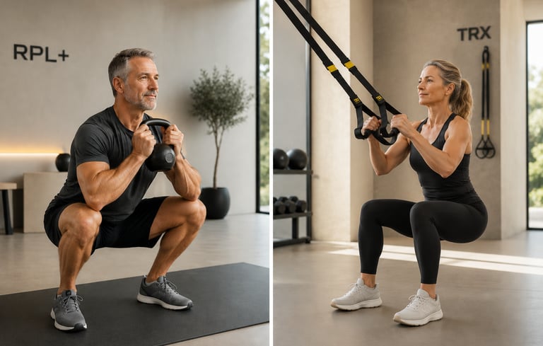 Homme réalisant un Goblet Squat, femme réalisant un Squat à l'aide d'un TRX